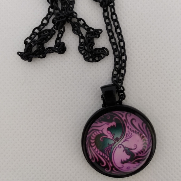 COPY - Handmade Black & Pink Dragon Yin Yang Necklace on a 24" Black Chain - Picture 3 of 4